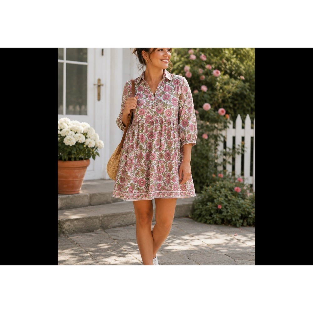 Mary Marshmallow Large Baby Doll  Dress Floral Print Button Up Pink Pockets